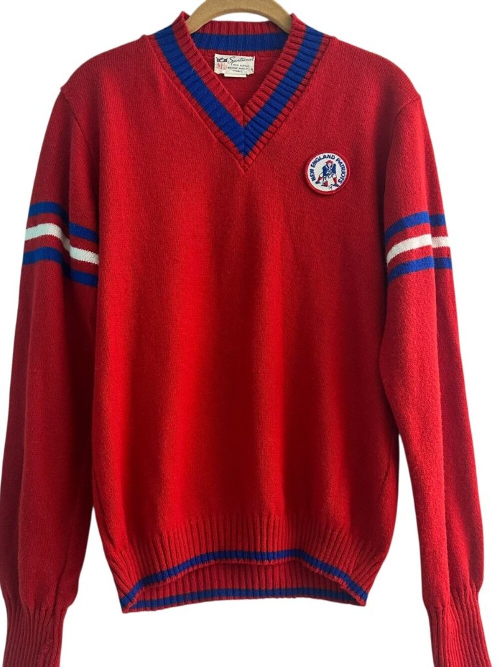Vintage 80s NFL New England Patriots Pat Patriot Knit Sweater V-Neck Red M